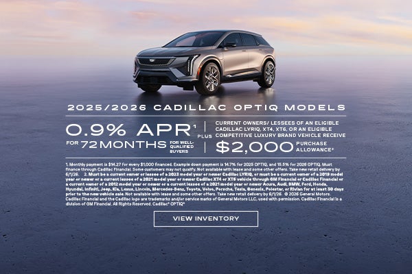 2025 and 2026 Cadillac OPTIQ. 0.9% APR for 72 months plus $2,000 purchase allowance.
